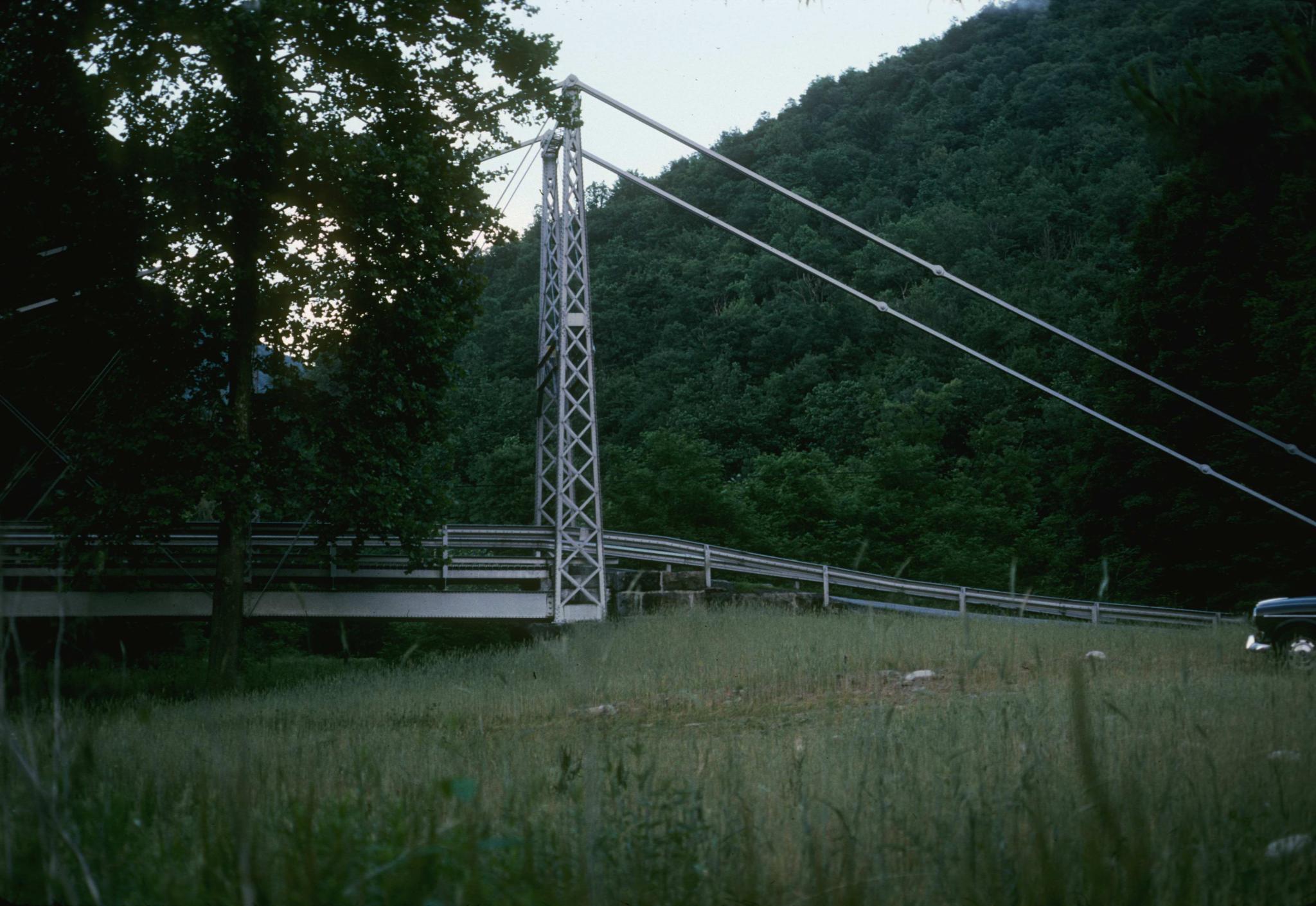 Photograph of one of the support towers of the bridge.