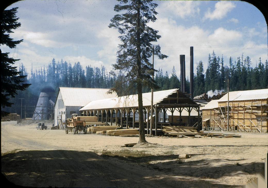 Lumber mill complex in Grangemont, Idaho.  Burner, stacks visible.