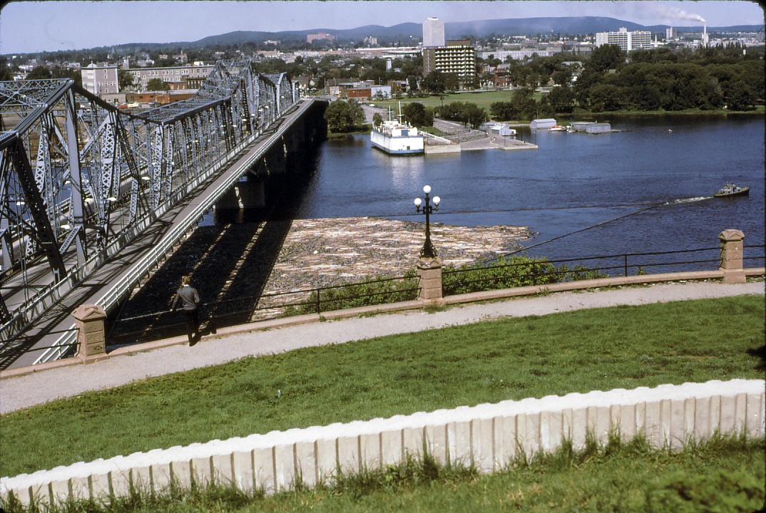 View of a log raft on the Ottawa River in Ottawa, Ontario, Canada.