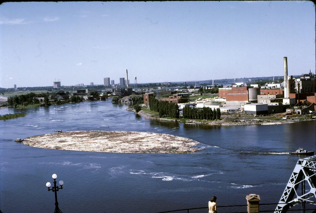 View of a log raft on the Ottawa River in Ottawa, Ontario.