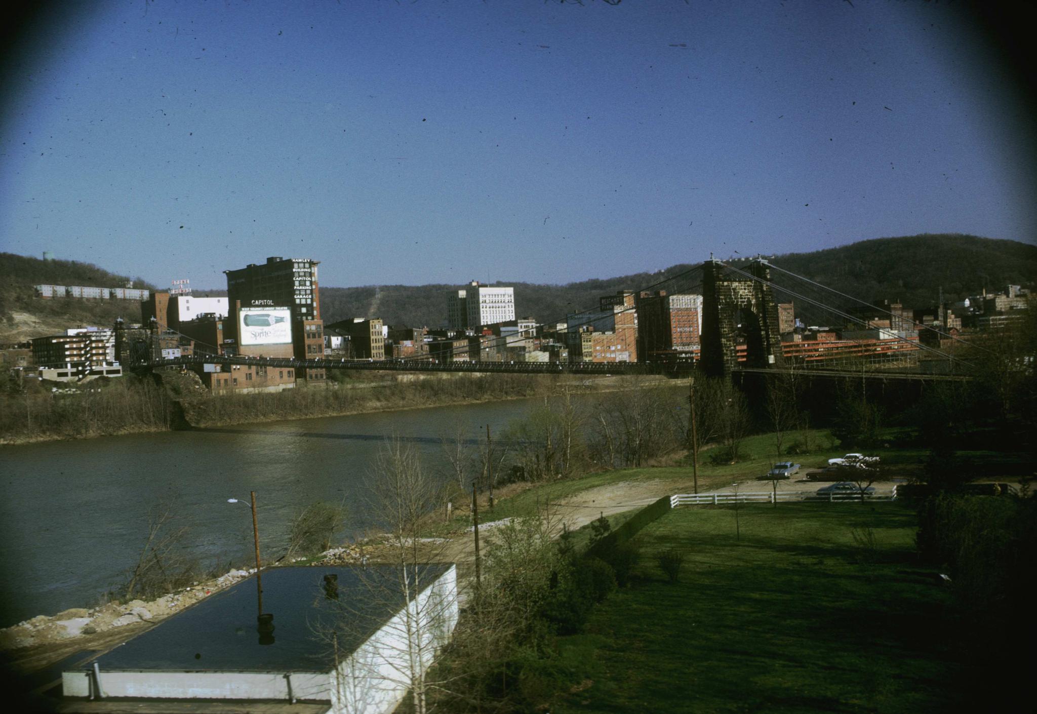 Photograph of the bridge showing most of its length.