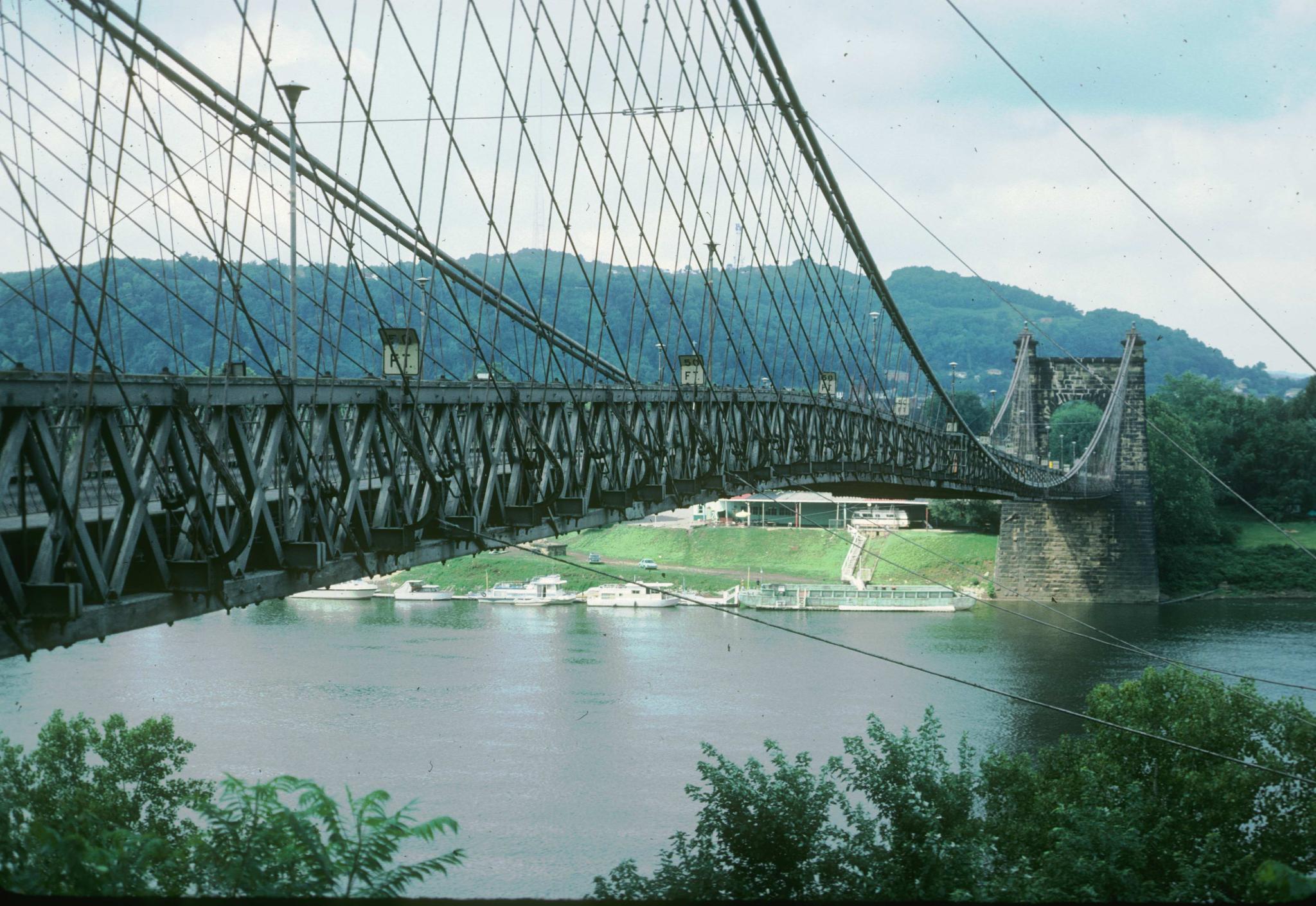 Photograph of bridge showing details of deck construction and cabling.