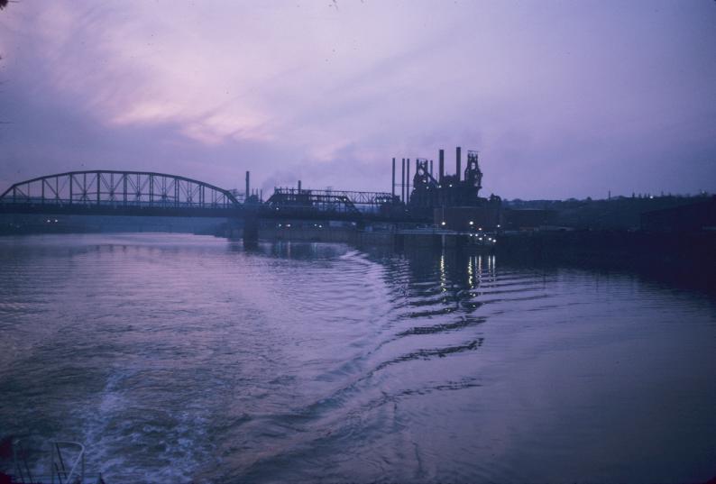 Photograph of blast furnaces and hot metal bridge at J&L plant in…